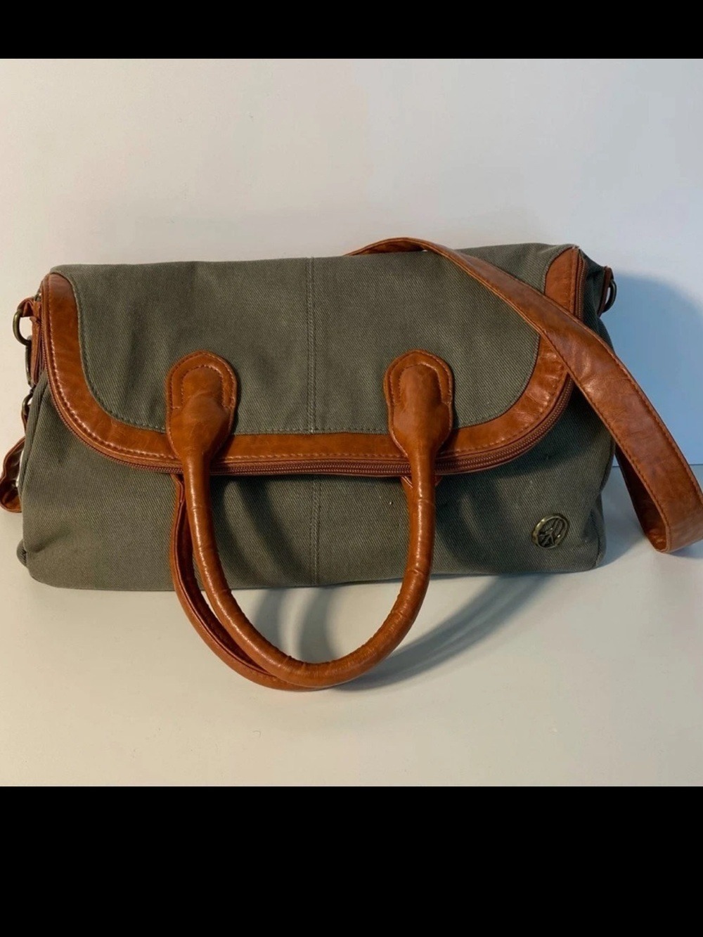 OLSENBOYE Olive Canvas Weekender Foldover Crossbody Tote Bag Brown Trim